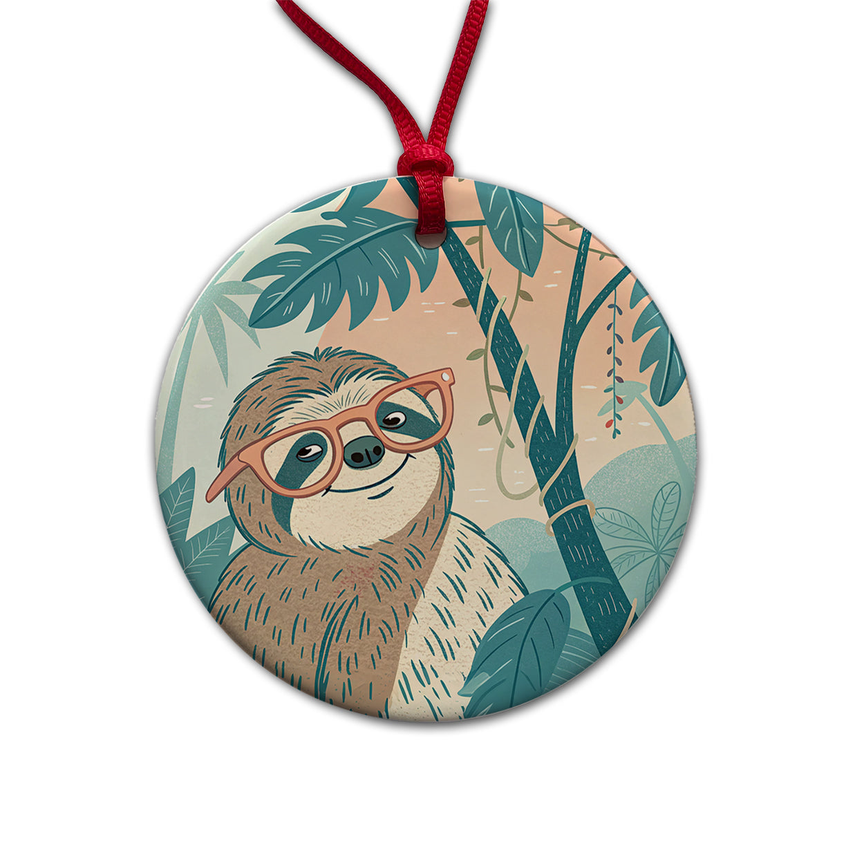 Cool Sloth Wearing Glasses Round Ceramic Holiday Christmas Tree Ornament
