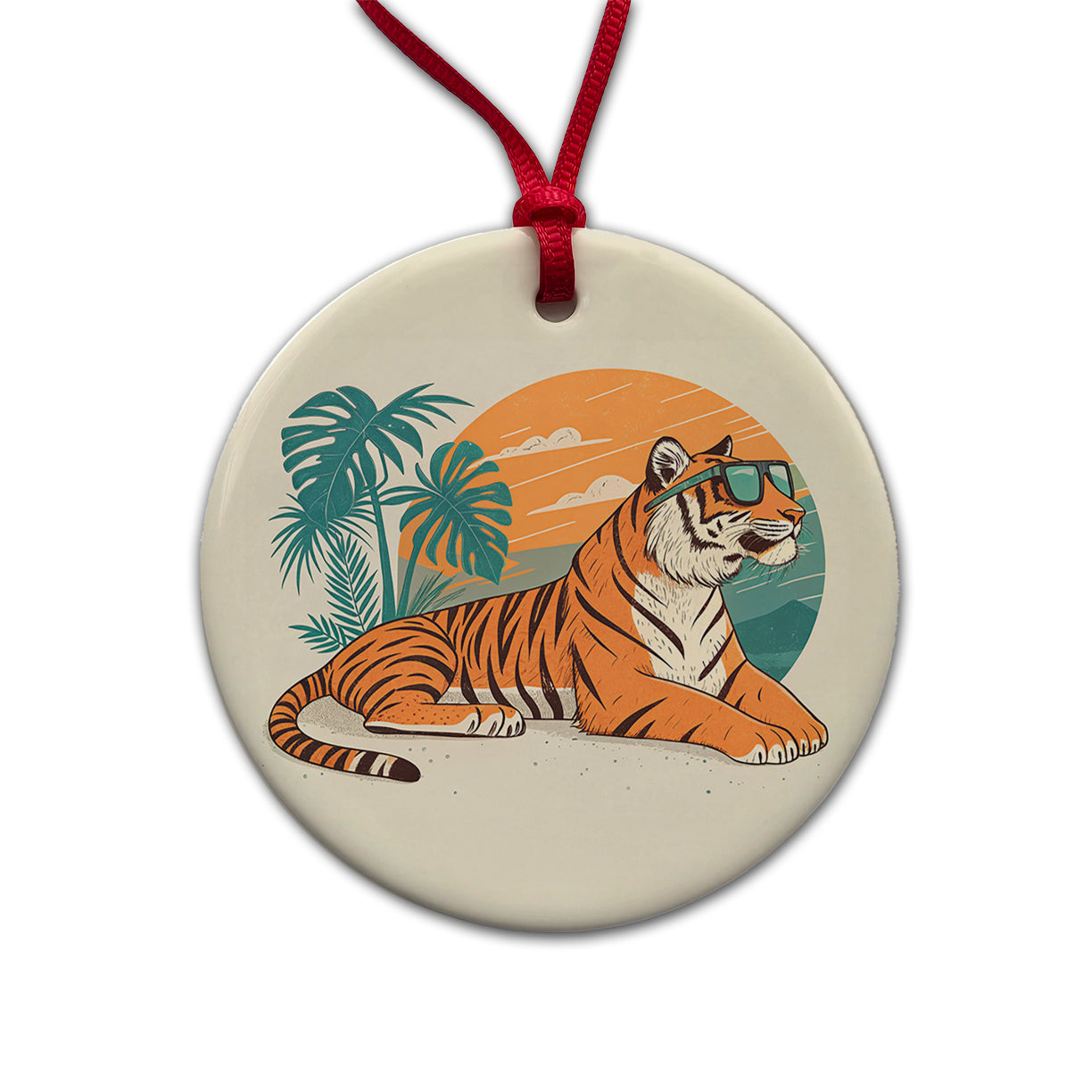 Cool Tiger Wearing Sunglasses Retro Illustration Round Ceramic Holiday Christmas Tree Ornament