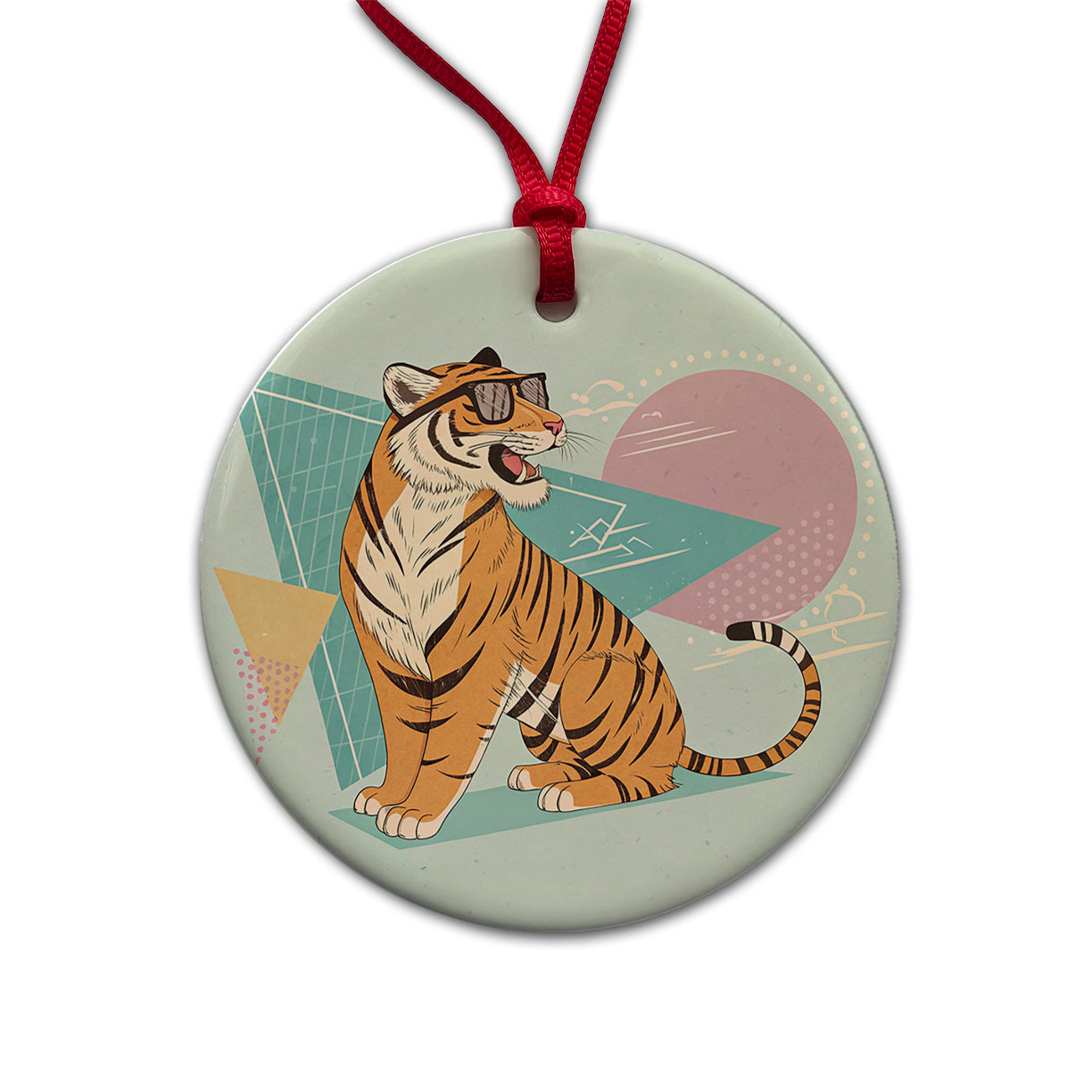 Cool Tiger Wearing Sunglasses Round Ceramic Holiday Christmas Tree Ornament