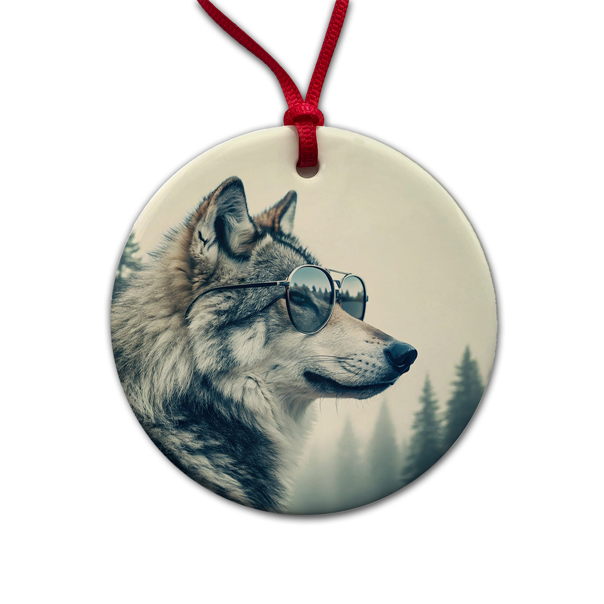 Cool Wolf Wearing Misty Woods Round Ceramic Holiday Christmas Tree Ornament