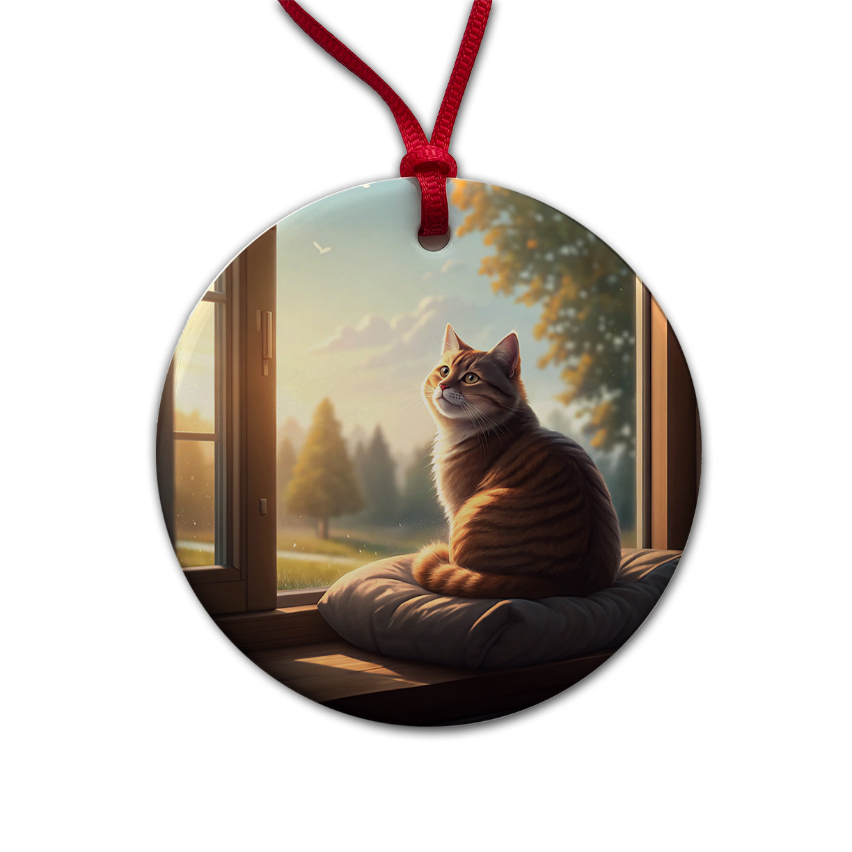 Cozy Cat In Window Round Ceramic Holiday Christmas Tree Ornament
