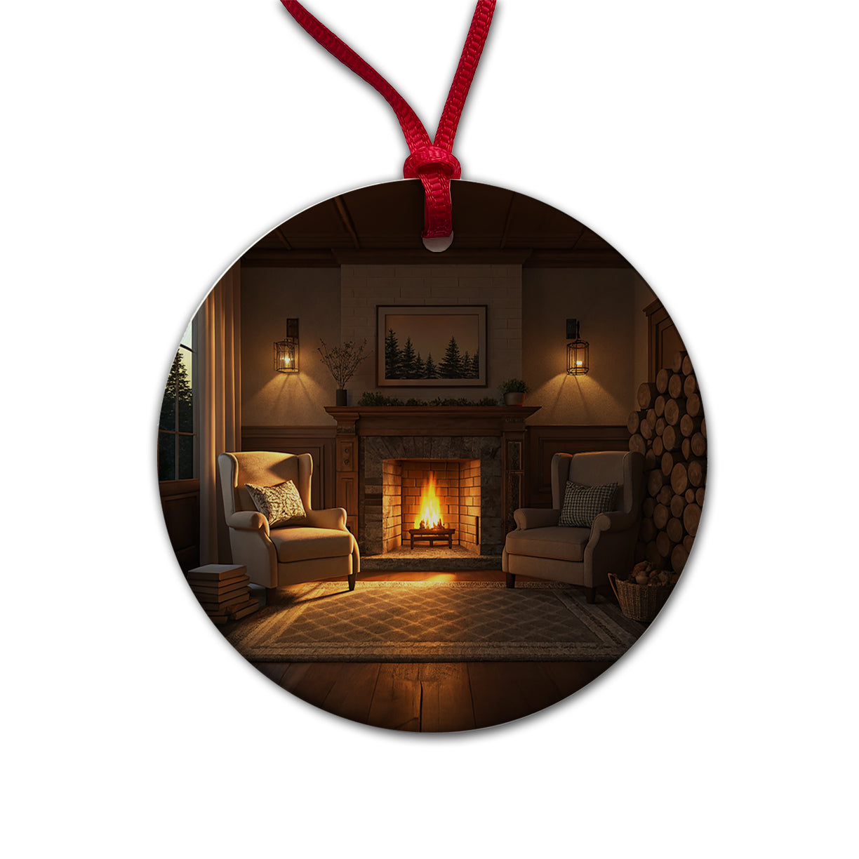 Cozy Fireplace Scene Round Ceramic Holiday Christmas Tree Ornament