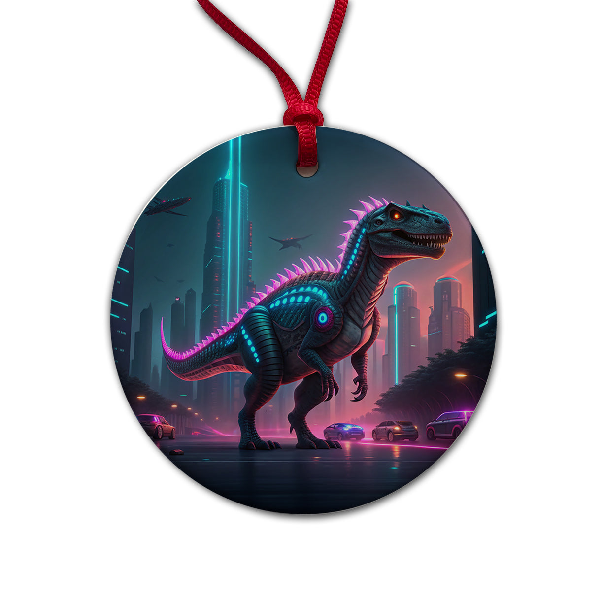 Cyberpunk Dinosaur Round Ceramic Holiday Christmas Tree Ornament