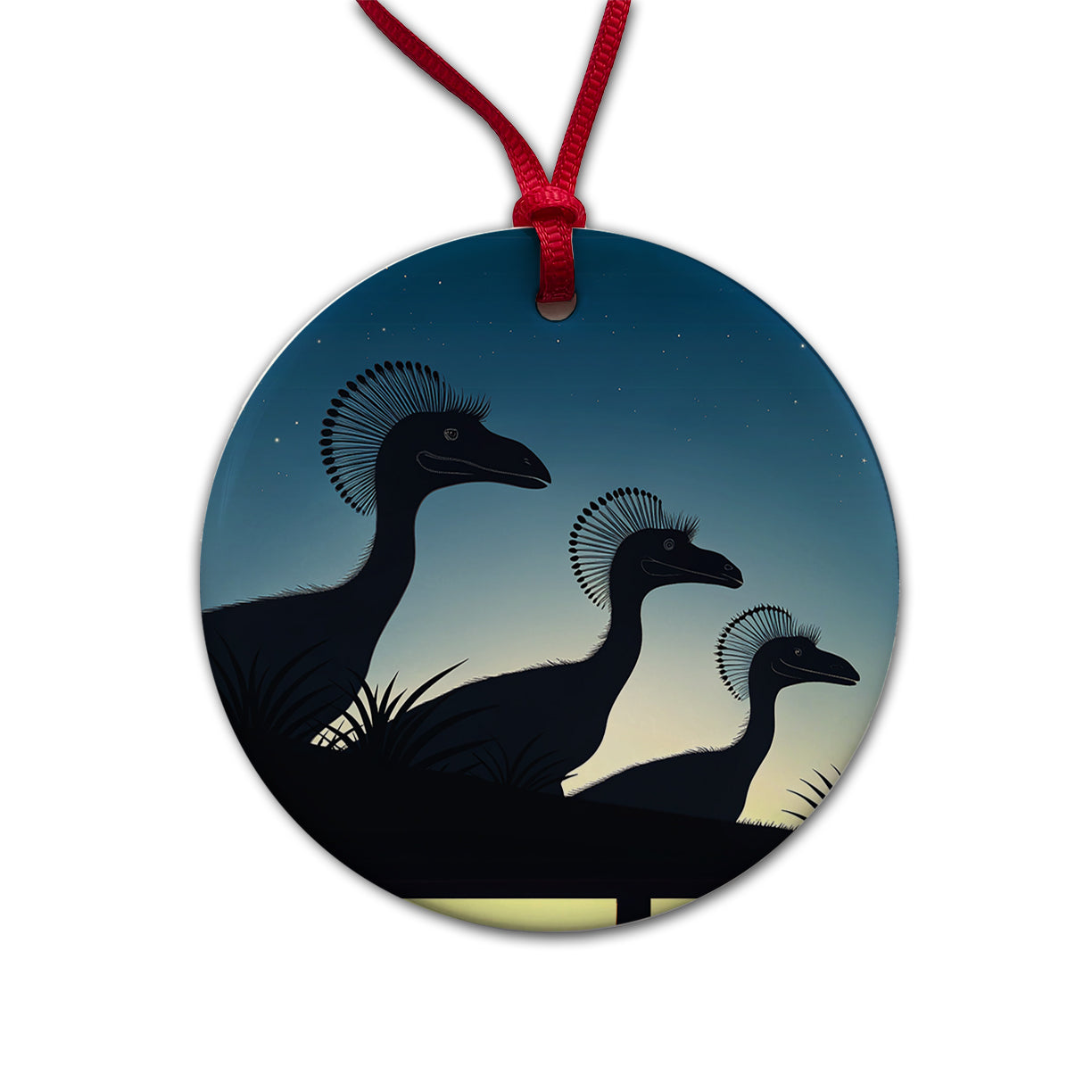 Dilophosaurus Silhouettes Night Dinosaurs Round Ceramic Holiday Christmas Tree Ornament