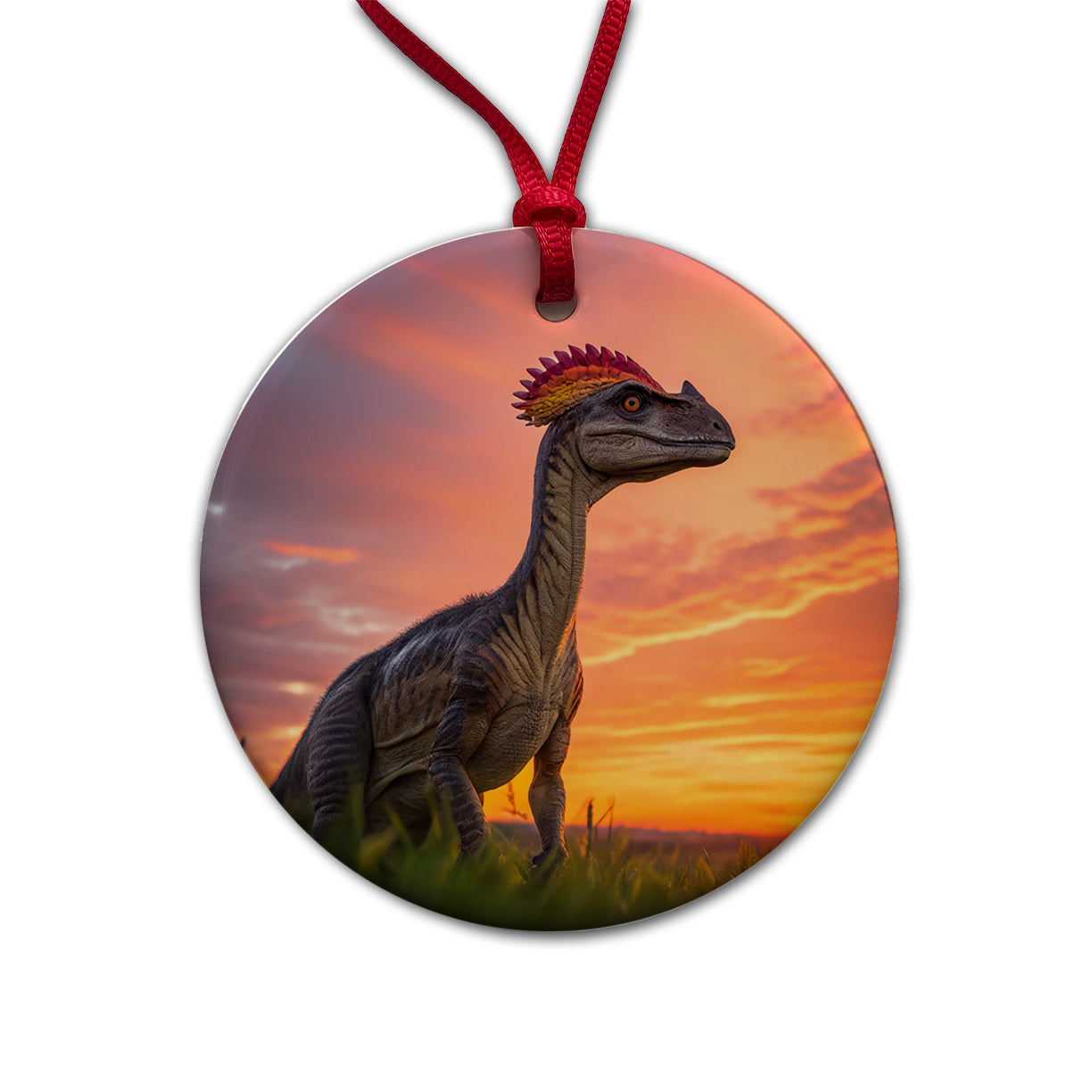 Dilophosaurus Sunset Dinosaur Round Ceramic Holiday Christmas Tree Ornament