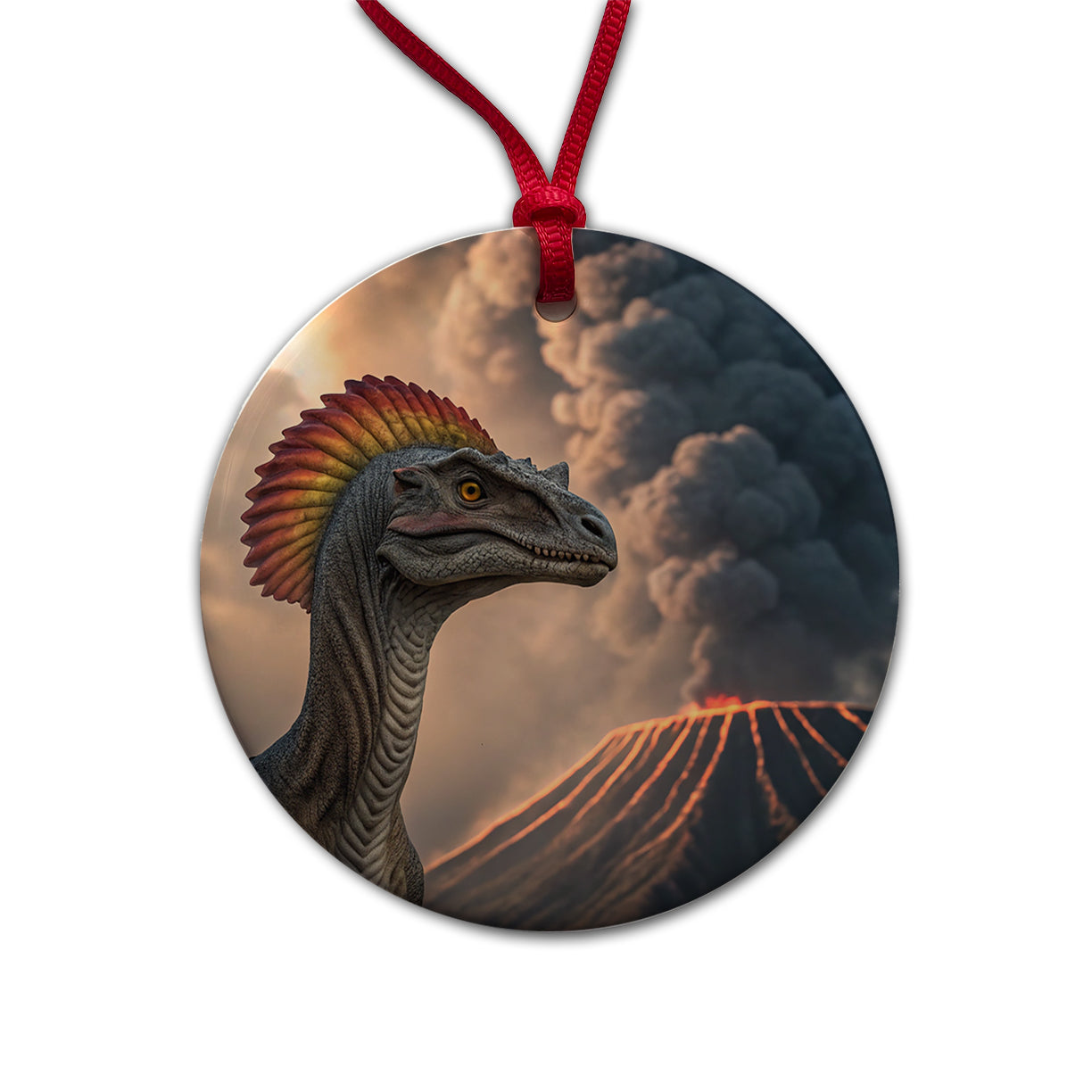 Dilophosaurus Volcano Dinosaur Round Ceramic Holiday Christmas Tree Ornament
