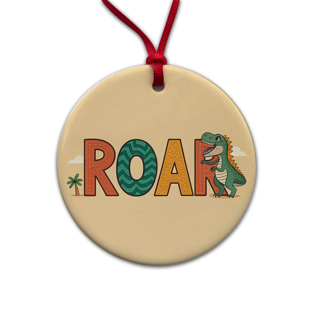 Dinosaur Roar Colorful Round Ceramic Holiday Christmas Tree Ornament
