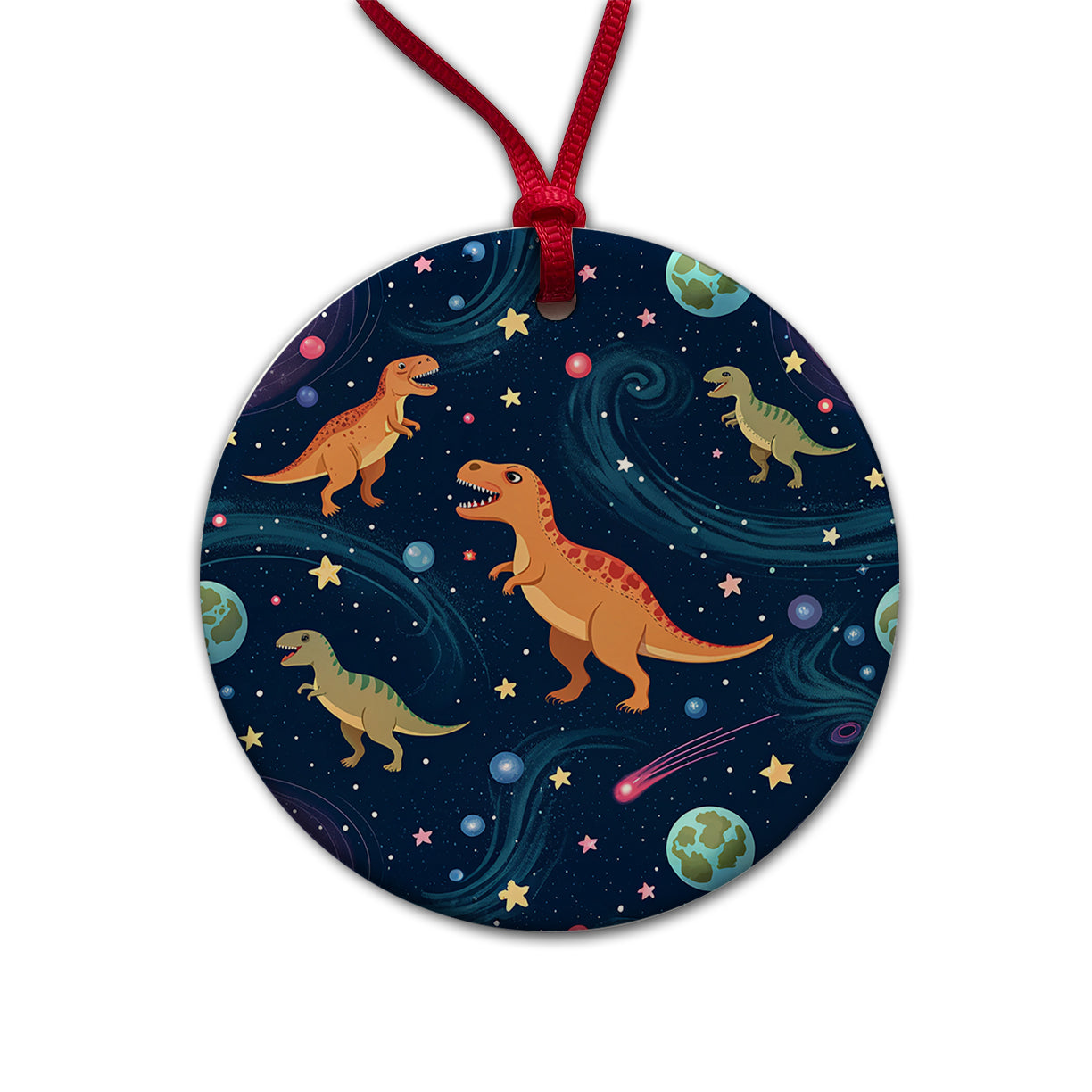 Dinosaurs Floating In Space Galaxy Planets Round Ceramic Holiday Christmas Tree Ornament