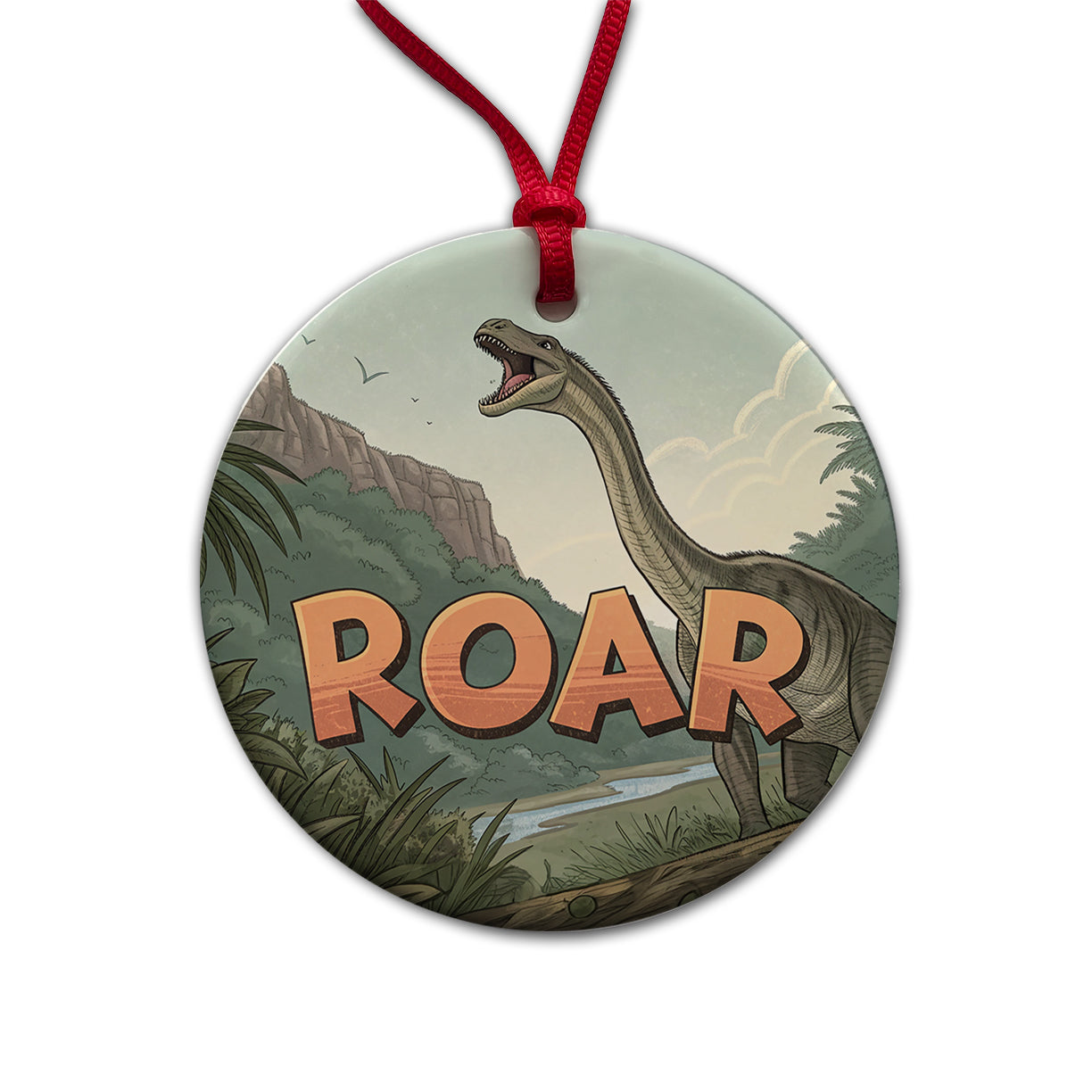 Diplodocus Roar Bold Text Dinosaur Round Ceramic Holiday Christmas Tree Ornament