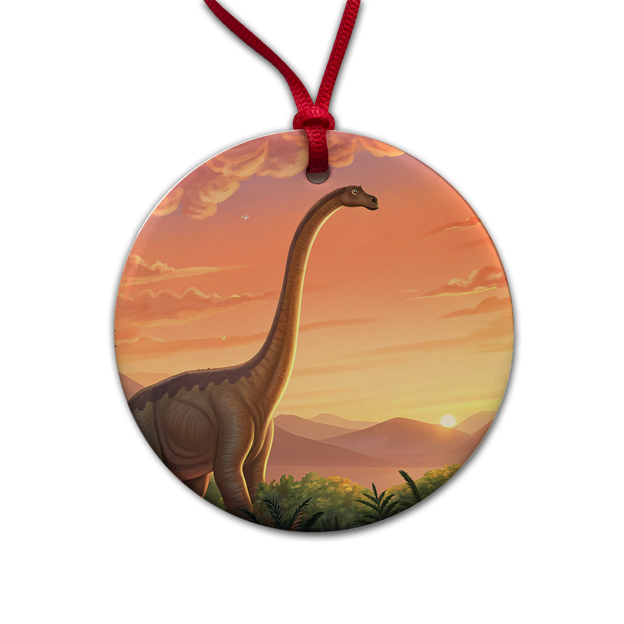 Diplodocus Sunset Sunrise Dinosaur Round Ceramic Holiday Christmas Tree Ornament