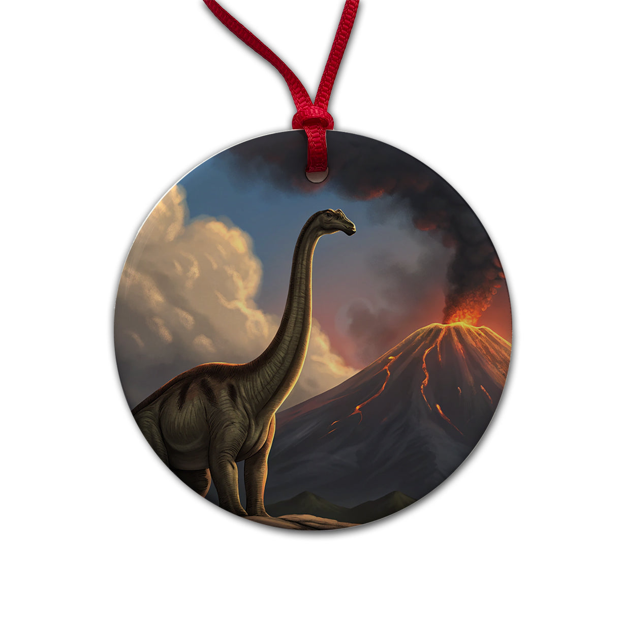Diplodocus Volcano Erupting Dinosaur Round Ceramic Holiday Christmas Tree Ornament
