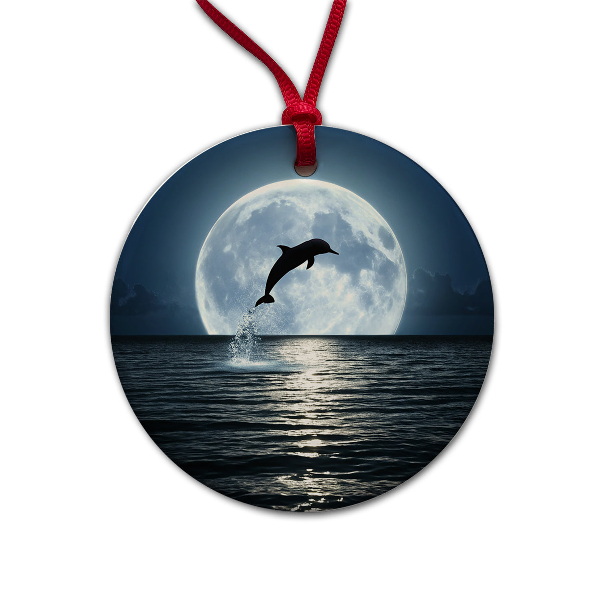 Dolphin Leaping Over Ocean Glowing Moon Round Ceramic Holiday Christmas Tree Ornament