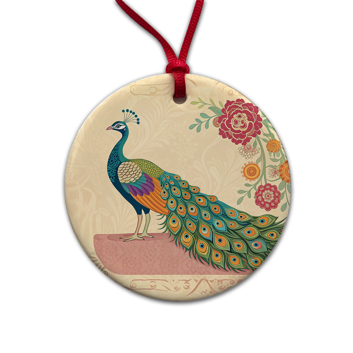 Elegant Peacock Flowers Round Ceramic Holiday Christmas Tree Ornament