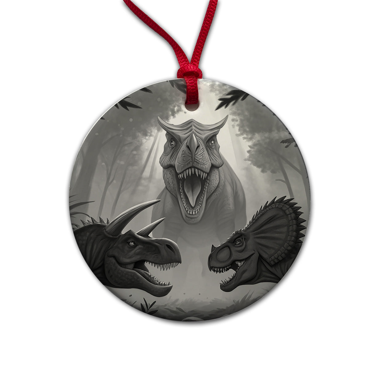 Epic Showdown T-Rex Triceratops Velociraptor Dinosaurs Round Ceramic Holiday Christmas Tree Ornament