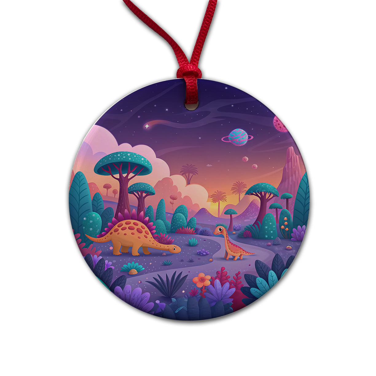 Fantasy Alien Planet Dinosaurs Colorful Round Ceramic Holiday Christmas Tree Ornament