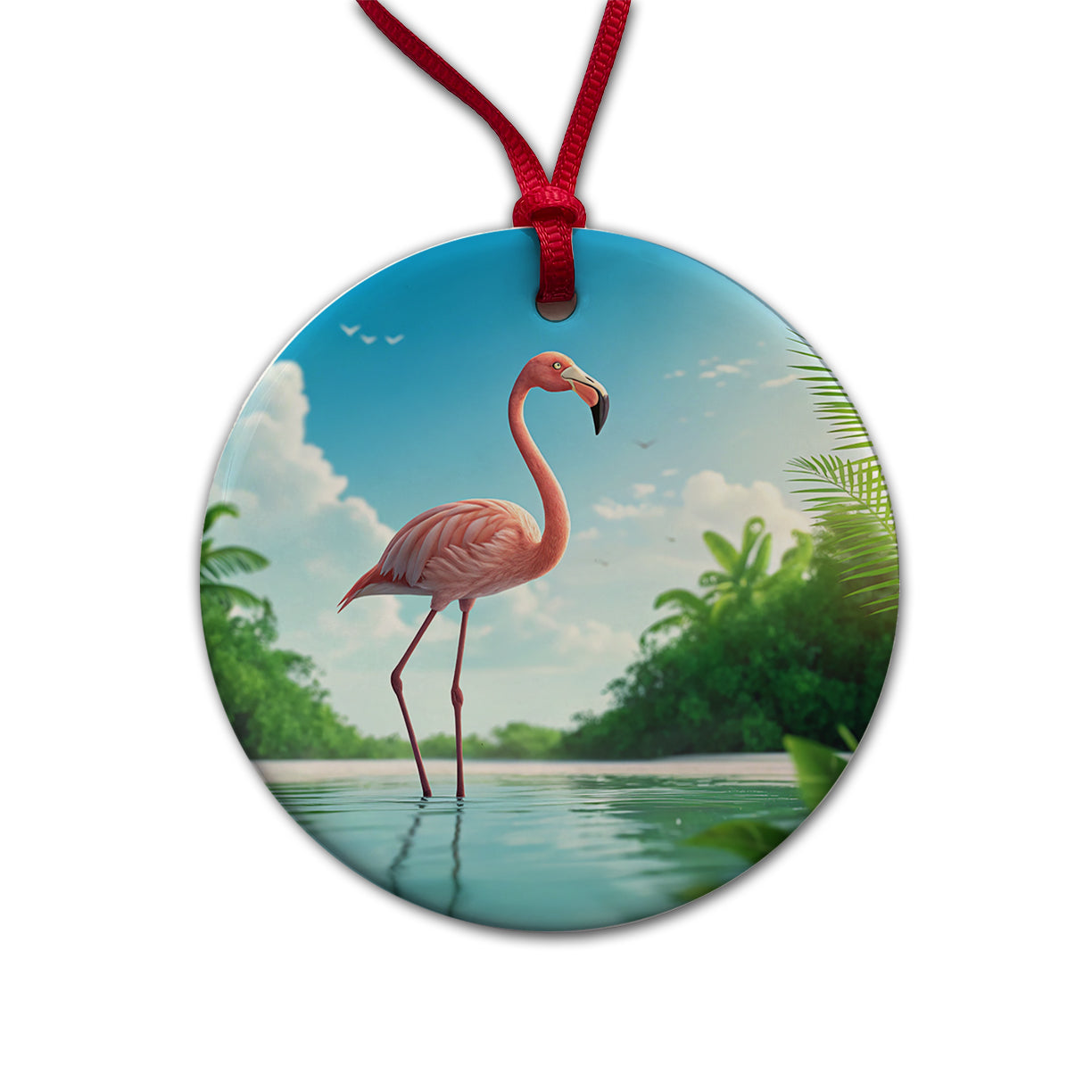 Flamingo Pink Bird In Water Round Ceramic Holiday Christmas Tree Ornament