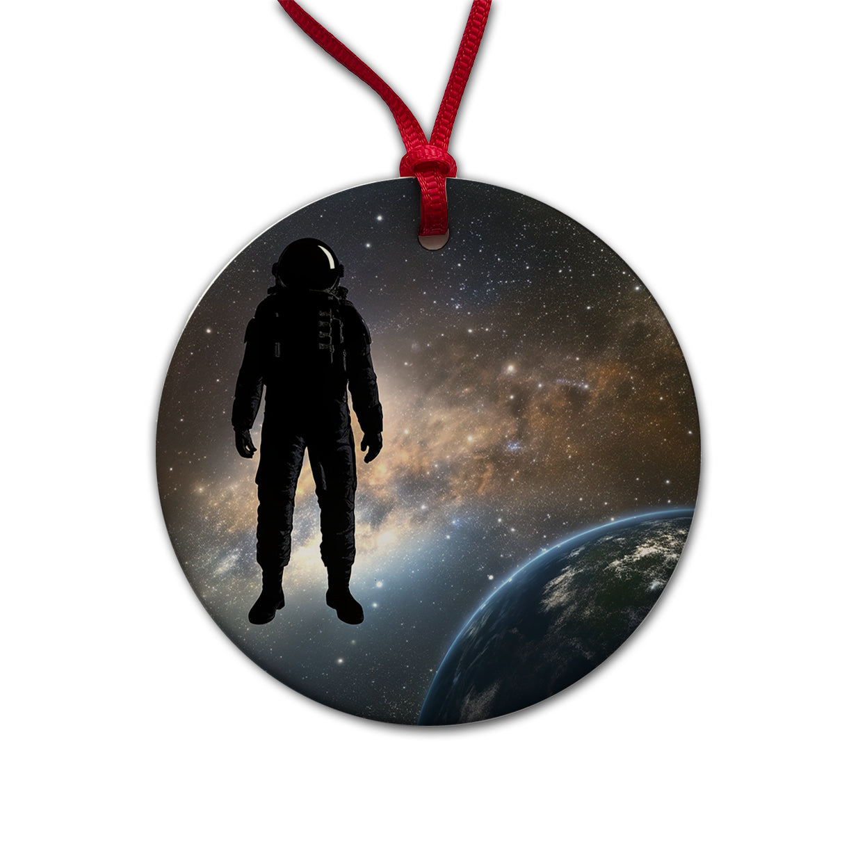 Floating Astronaut Silhouette Earth Space Round Ceramic Holiday Christmas Tree Ornament