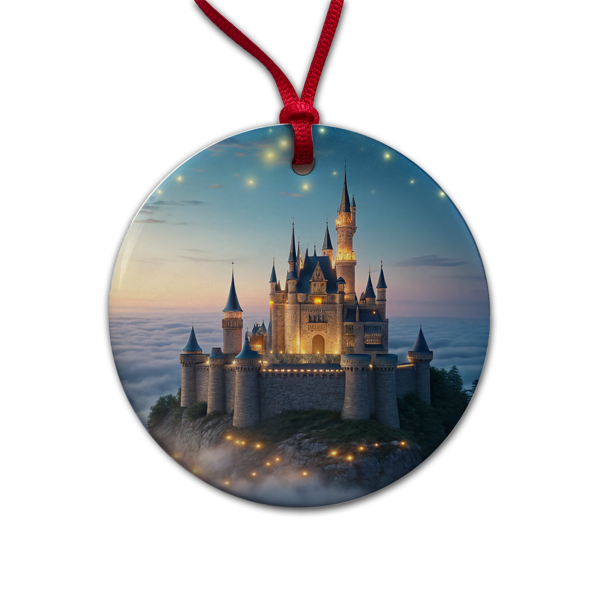 Floating Castle Magic Light Clouds Round Ceramic Holiday Christmas Tree Ornament