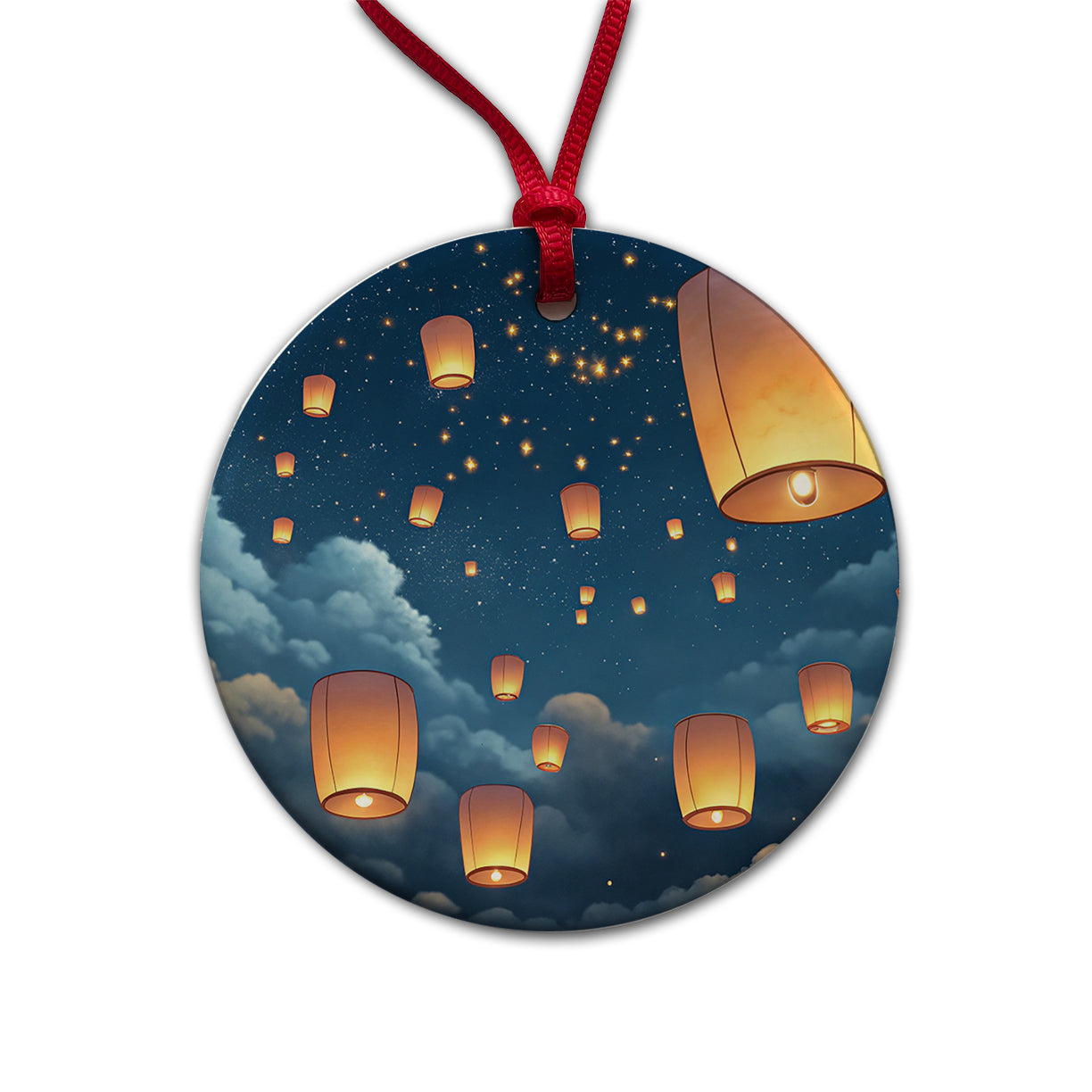 Floating Lanterns In Sky Round Ceramic Holiday Christmas Tree Ornament