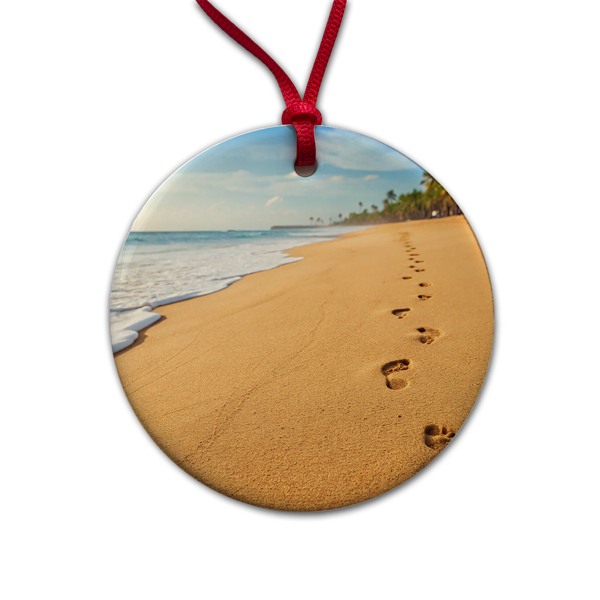 Footprints In The Sand Barefoot Beach Ocean Round Ceramic Holiday Christmas Tree Ornament