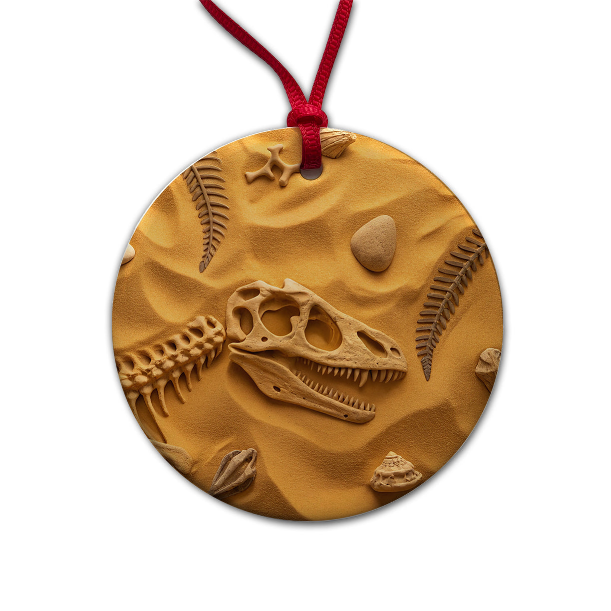 Fossils Dinosaur Bones Scattered On Sand Round Ceramic Holiday Christmas Tree Ornament