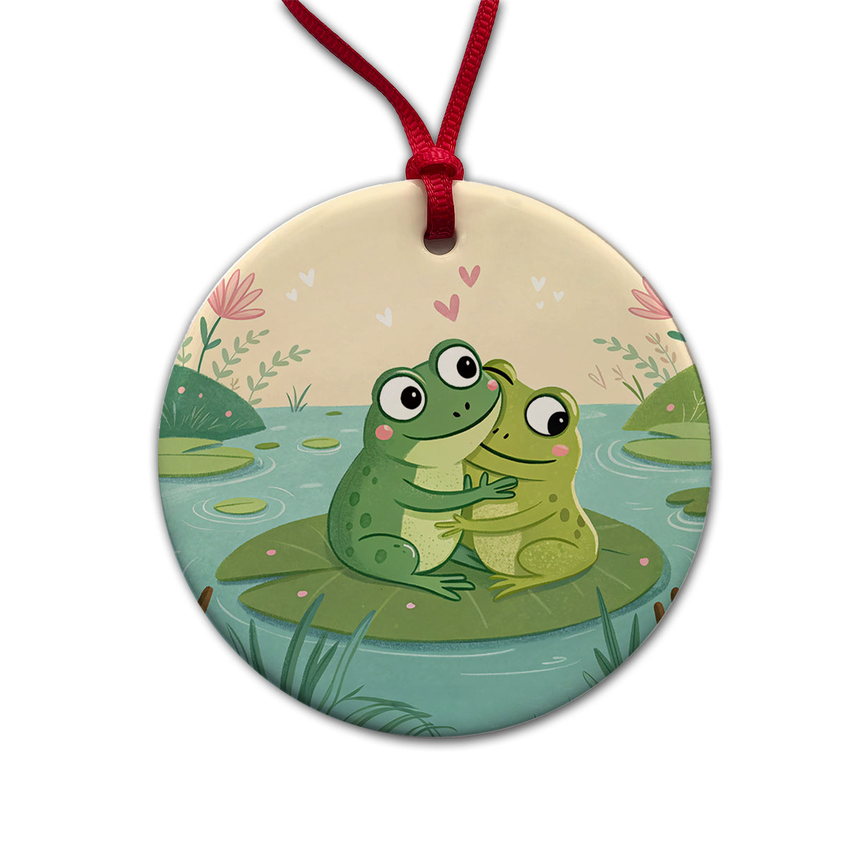 Frogs Hugging Love Round Ceramic Holiday Christmas Tree Ornament