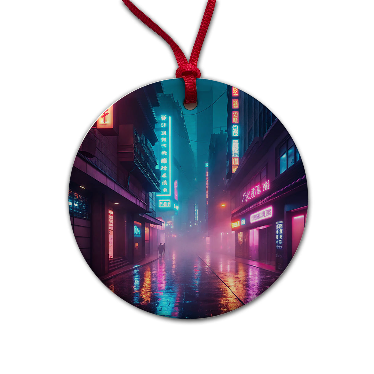 Futuristic City Alley Night Glowing Signs Round Ceramic Holiday Christmas Tree Ornament