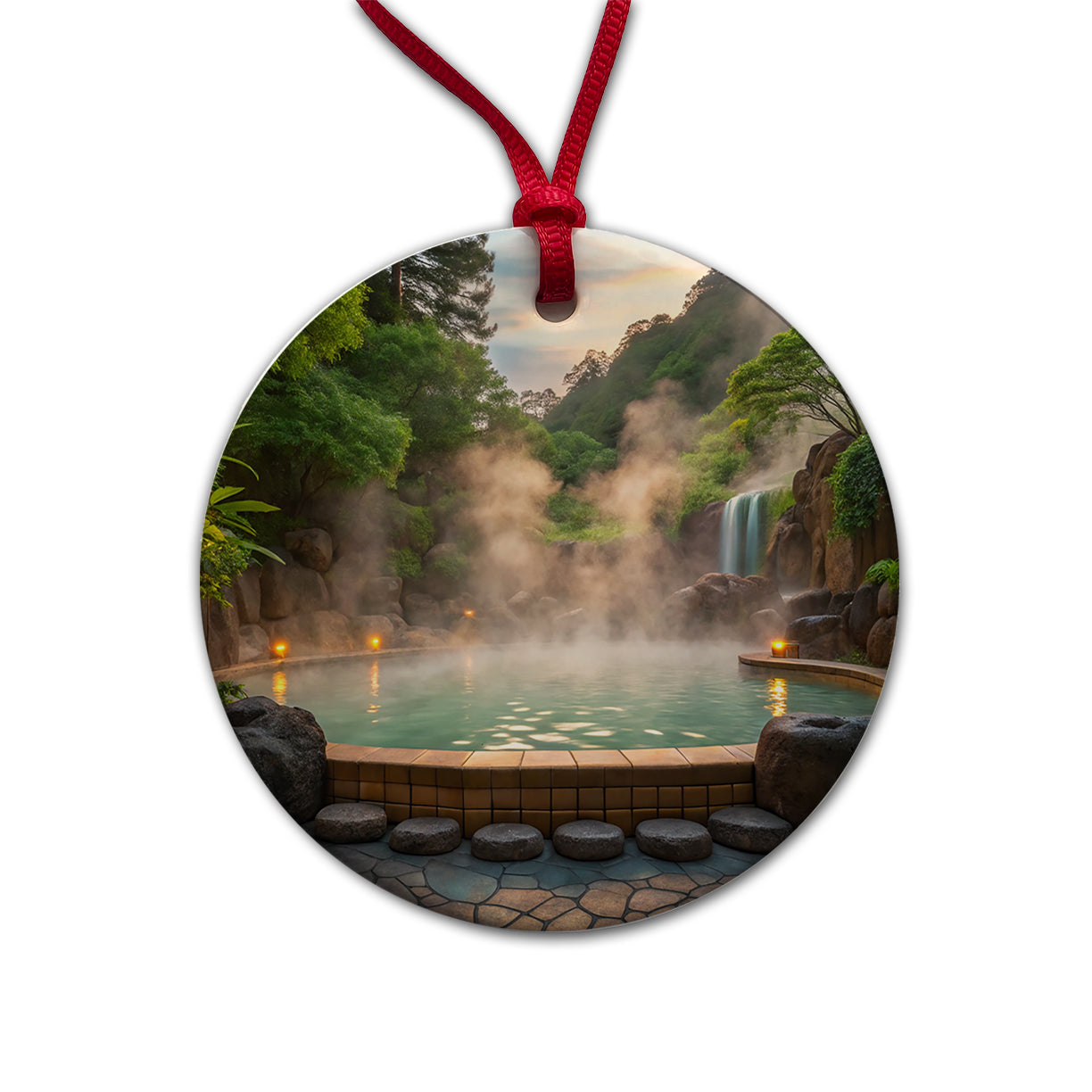 Geothermal Spa Waterfall Round Ceramic Holiday Christmas Tree Ornament