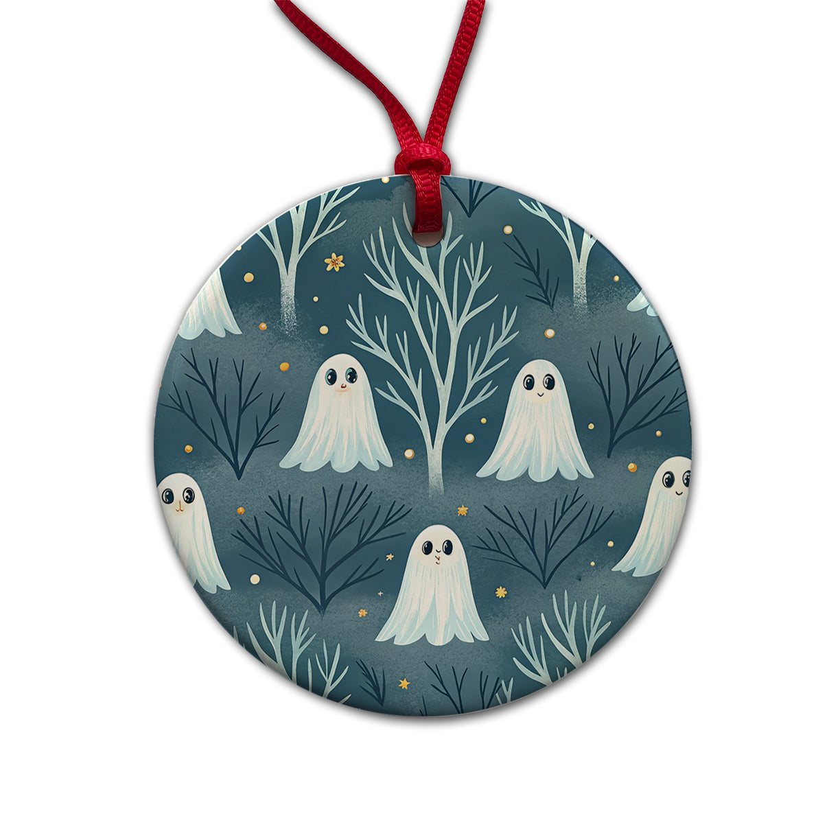 Ghosts Smiling Halloween Sparse Trees Round Ceramic Holiday Christmas Tree Ornament