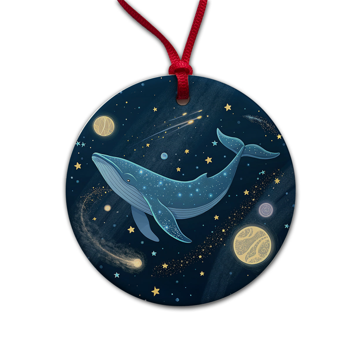 Giant Whale Floating In Space Stars Planets Round Ceramic Holiday Christmas Tree Ornament