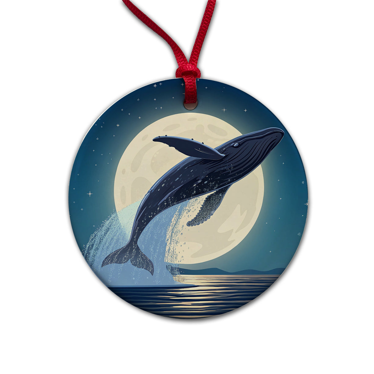Giant Whale Leaping Over Ocean Night Round Ceramic Holiday Christmas Tree Ornament