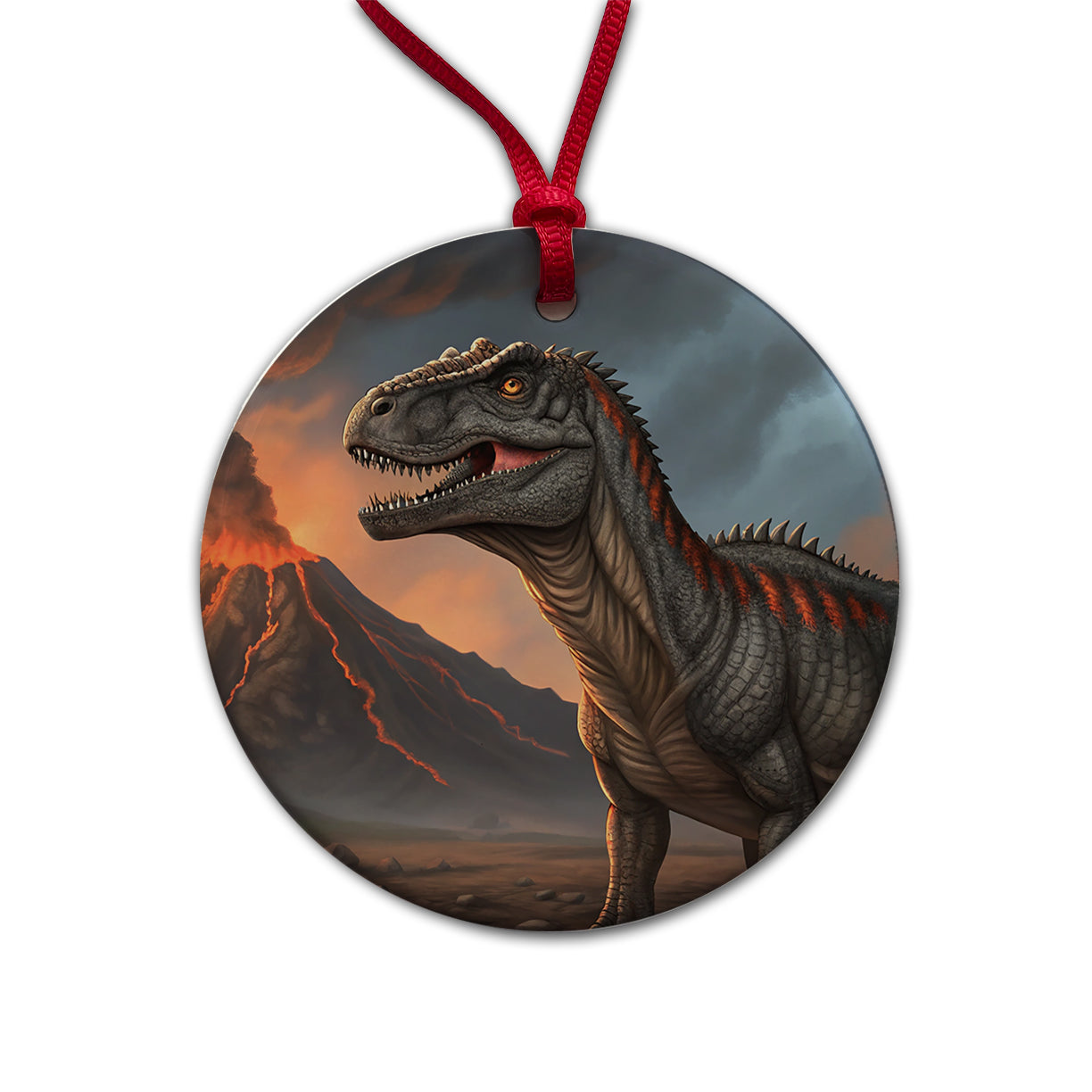Giganotosaurus Volcano Erupting Dinosaur Round Ceramic Holiday Christmas Tree Ornament