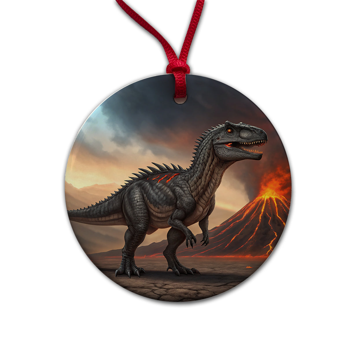 Giganotosaurus Volcano Lava Dinosaur Round Ceramic Holiday Christmas Tree Ornament