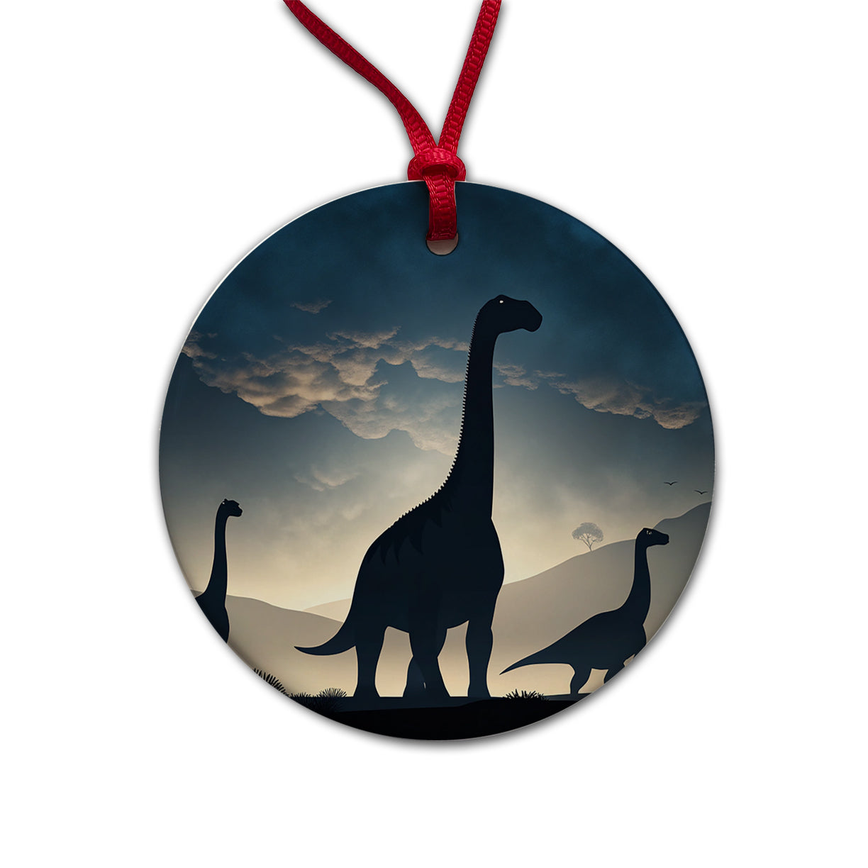 Gigantosaurus Sauropods Silhouettes Night Dinosaurs Round Ceramic Holiday Christmas Tree Ornament
