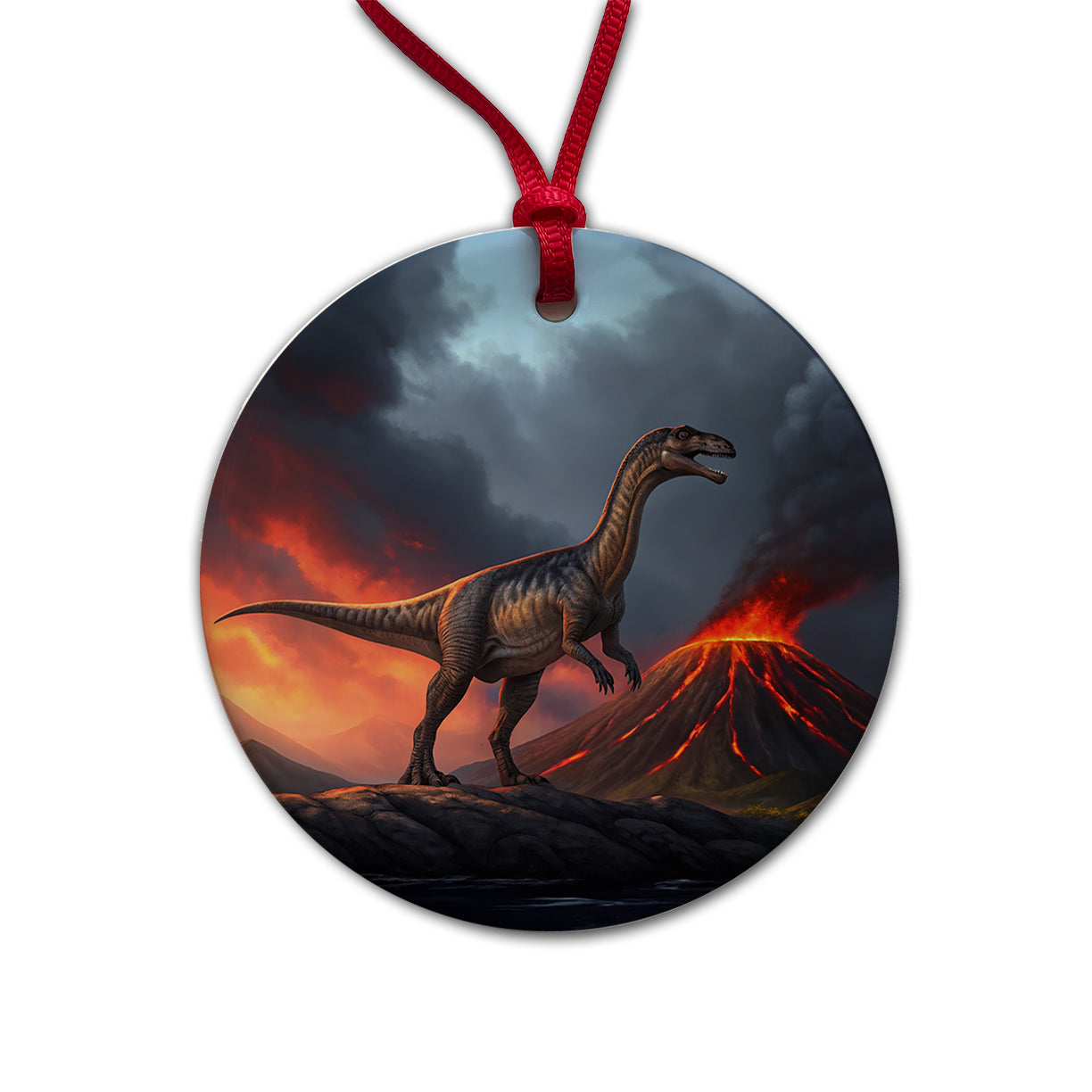 Gigantosaurus Volcano Dinosaur Sauropod Round Ceramic Holiday Christmas Tree Ornament
