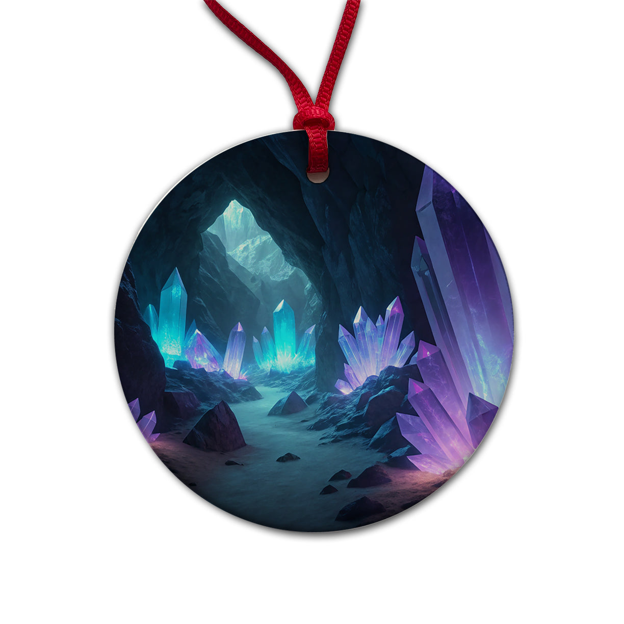 Glowing Crystals Dark Cavern Cool Hues Round Ceramic Holiday Christmas Tree Ornament