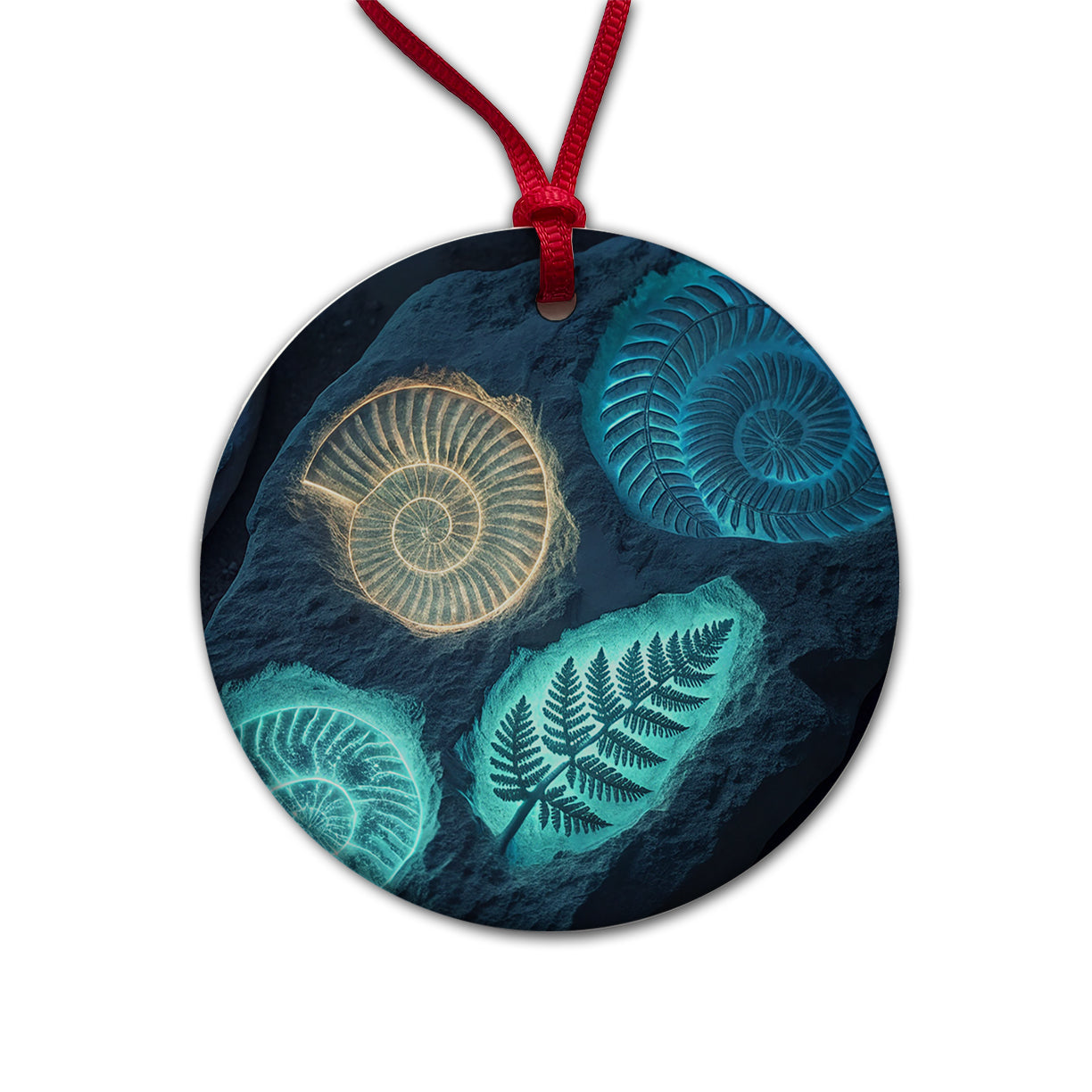 Glowing Holographic Style Fossil Imprints Round Ceramic Holiday Christmas Tree Ornament