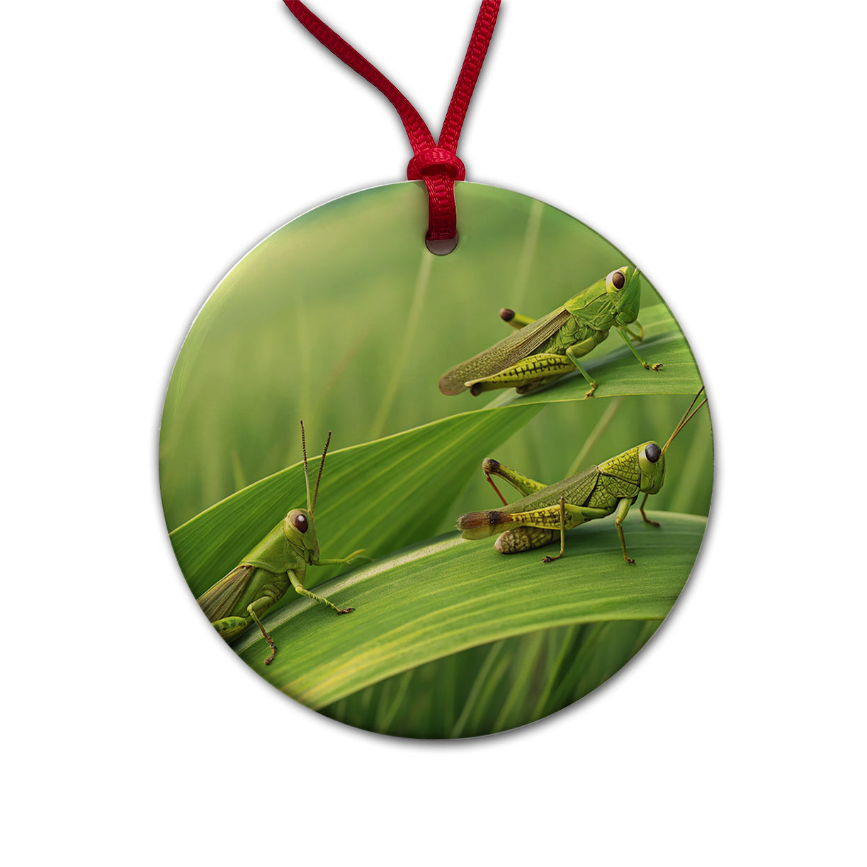 Grasshoppers On Grass Round Ceramic Holiday Christmas Tree Ornament