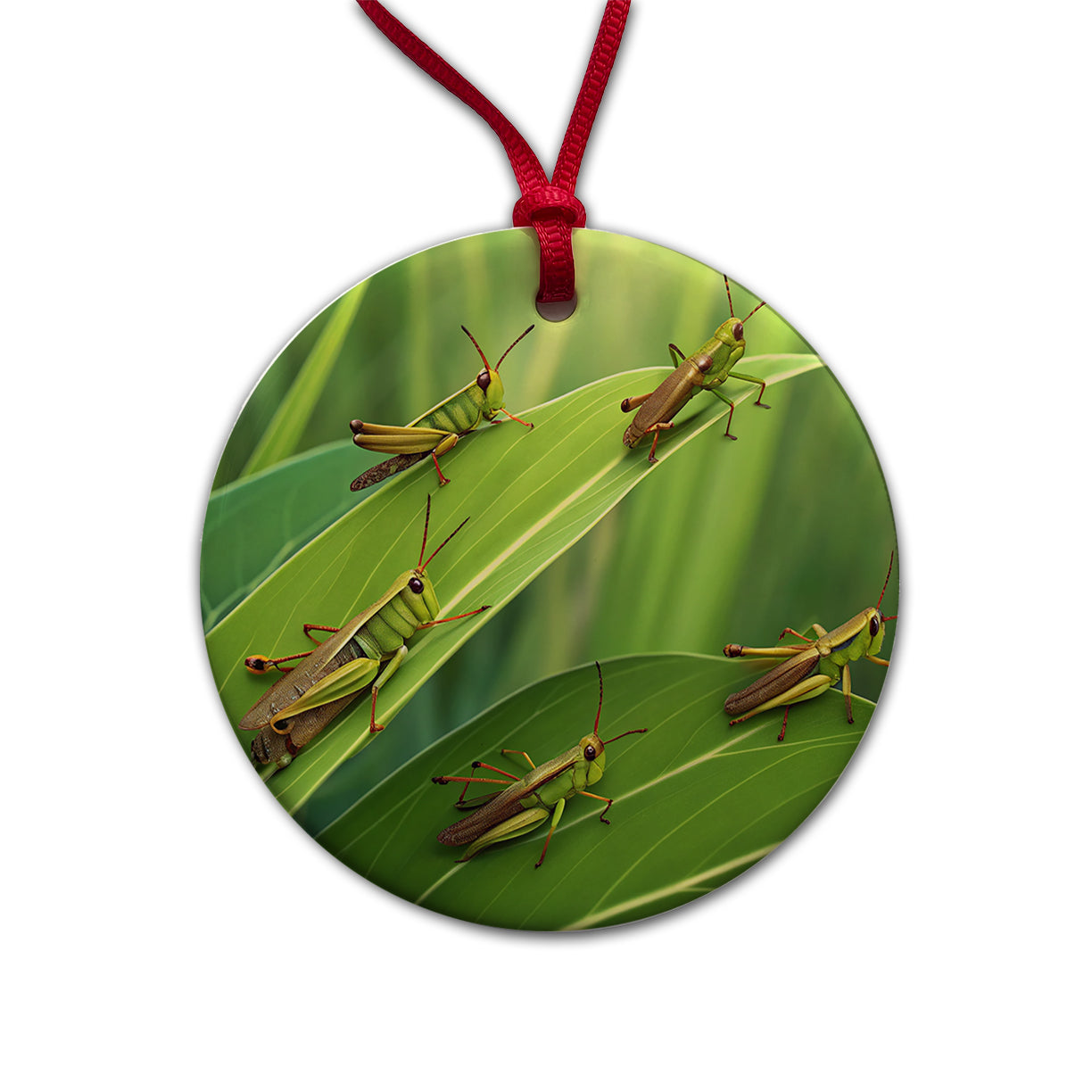 Grasshoppers On Leaves Round Ceramic Holiday Christmas Tree Ornament
