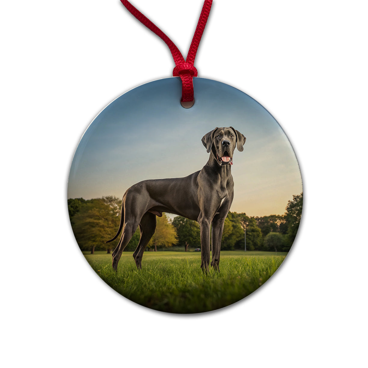 Great Dane In Grass Round Ceramic Holiday Christmas Tree Ornament