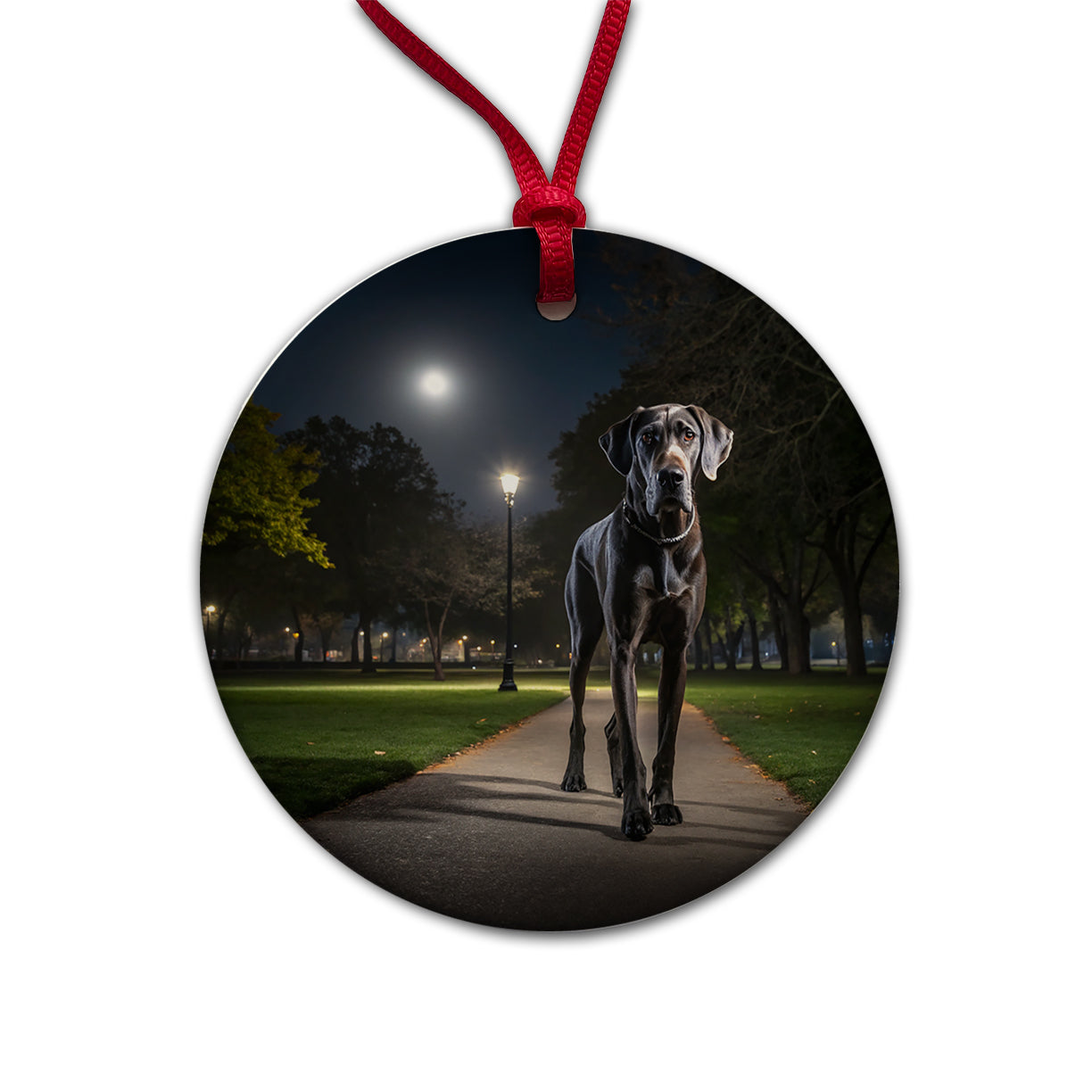 Great Dane In Park At Night Round Ceramic Holiday Christmas Tree Ornament
