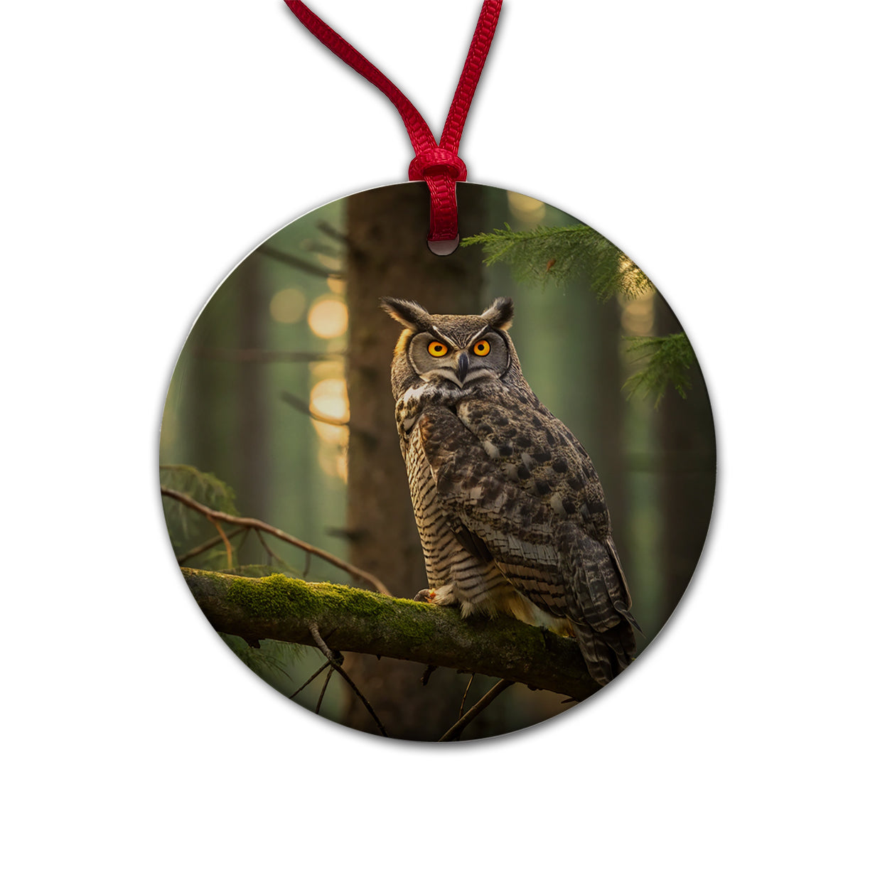 Great Horned Owl On Branch Round Ceramic Holiday Christmas Tree Ornament