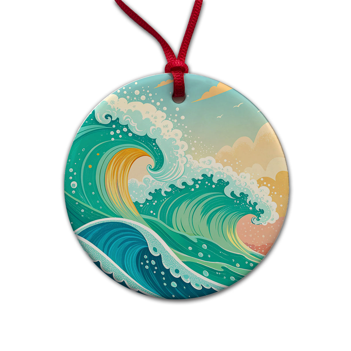 Groovy Ocean Waves Colorful Round Ceramic Holiday Christmas Tree Ornament