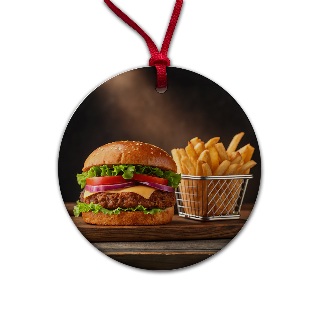Hamburger And Fries Yummy Dinner Round Ceramic Holiday Christmas Tree Ornament