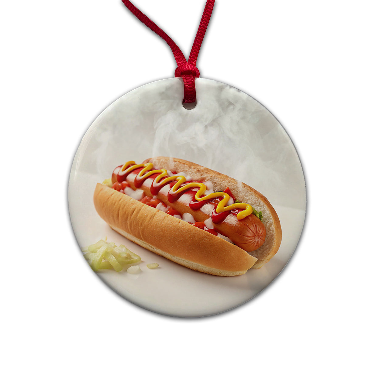 Hot Dog Ketchup Mustard Onions Round Ceramic Holiday Christmas Tree Ornament