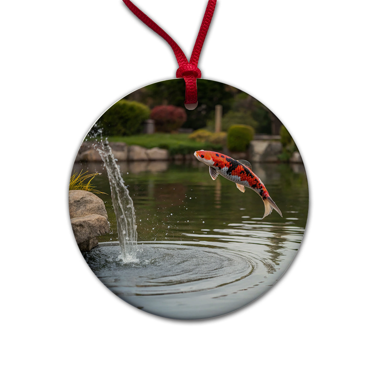 Koi Fish Jumping Out Of Pond Round Ceramic Holiday Christmas Tree Ornament