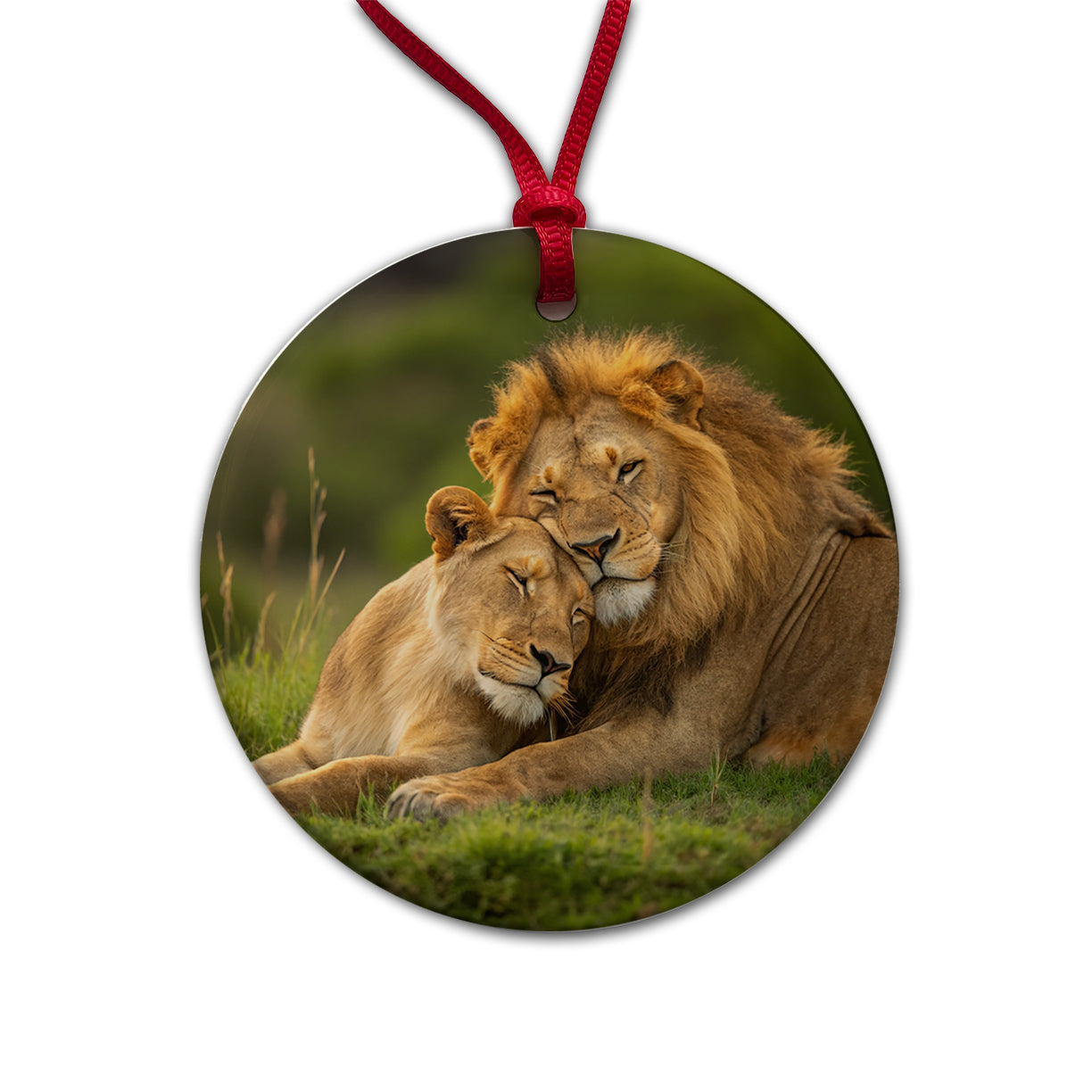 Lions Hugging Love Round Ceramic Holiday Christmas Tree Ornament
