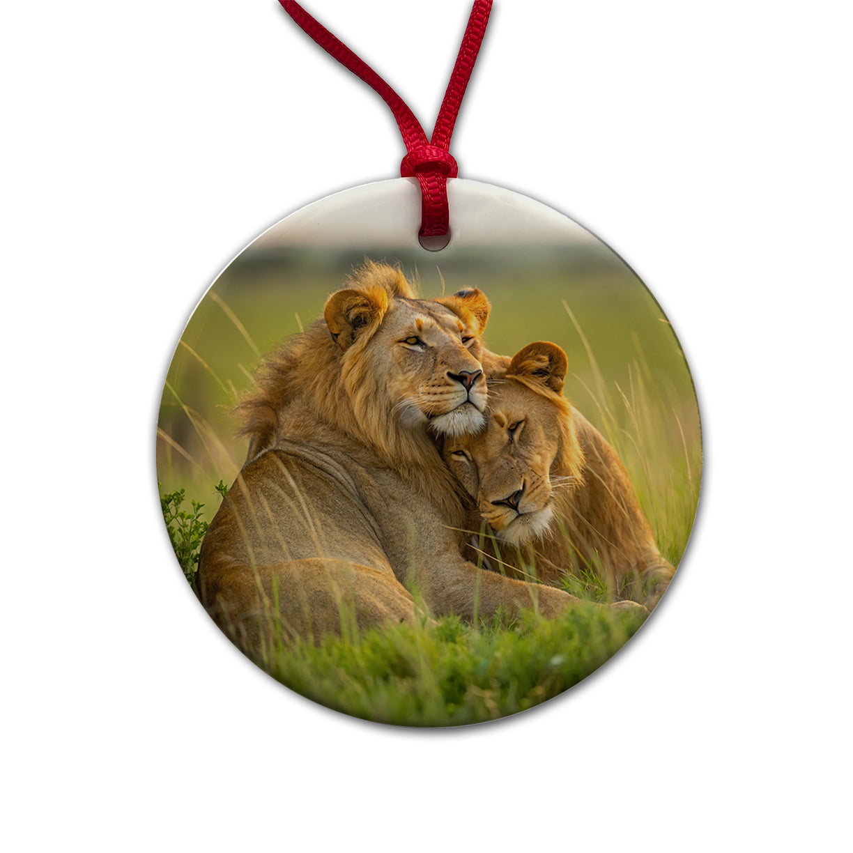 Lions Love Affection Round Ceramic Holiday Christmas Tree Ornament