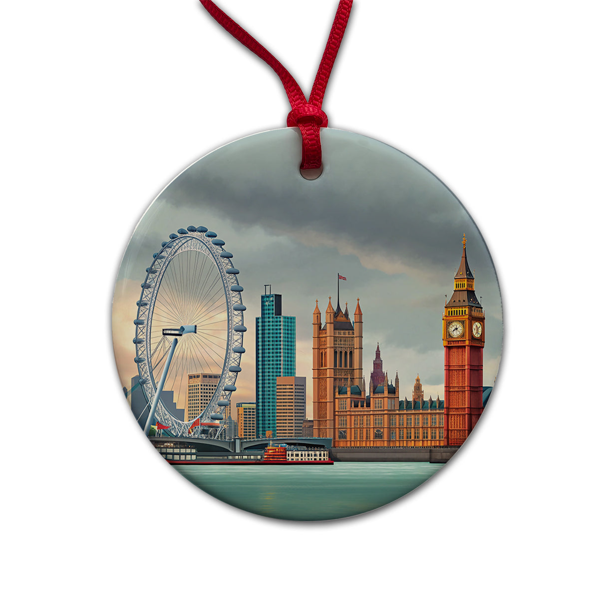 London England Big Ben Round Ceramic Holiday Christmas Tree Ornament