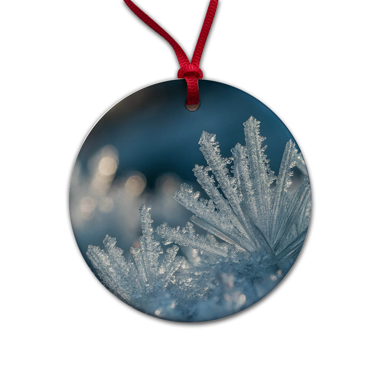 Macro View Icy Crystals Snow Flakes Round Ceramic Holiday Christmas Tree Ornament